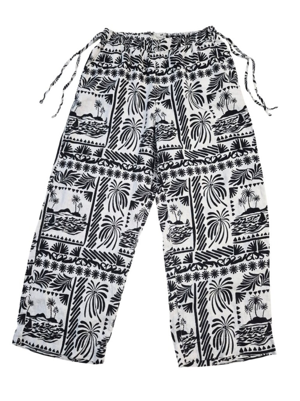 Rachel Zoe Linen Tropical BW Tribal Print Wide Leg Pants Pull on Drawstring M - Picture 3 of 13